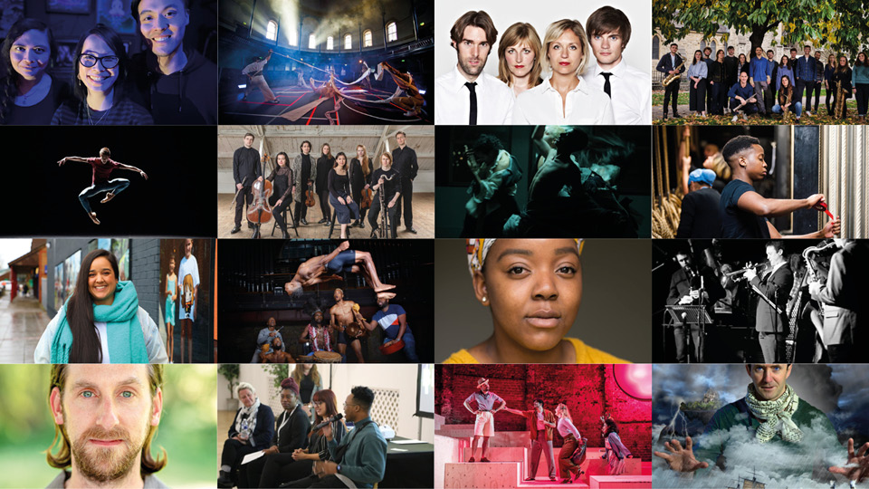 In a grid are 12 landscape photos of a selection of the Genesis Kickstart Fund artists and groups.