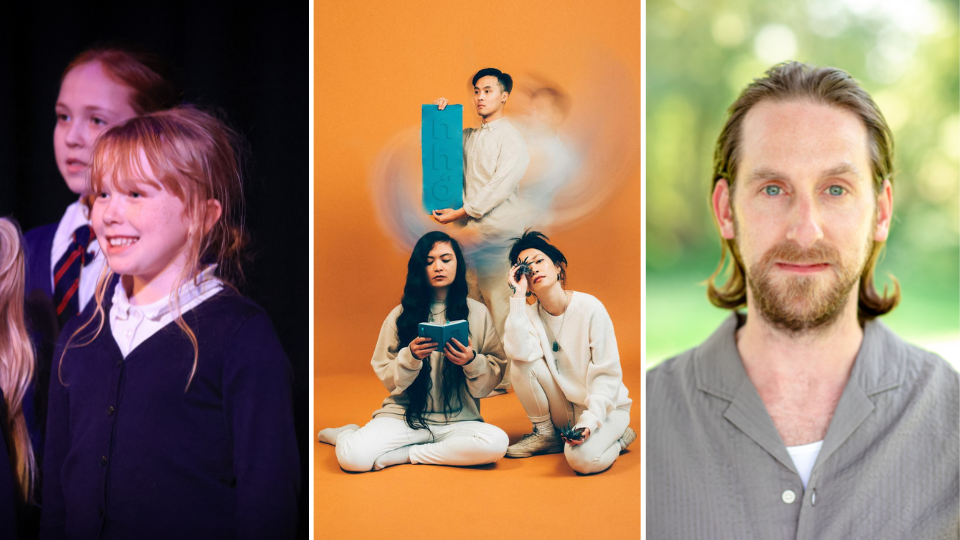 The image is split into three. On the left side is a photo of a young child amongst a larger group of children. The child is lit up by a spotlight and is smiling out, as if performing. The middle image is the poster for a show called Echo Land. In front of an orange backdrop are three people dressed in cream tops and trousers. Two of the people are knelt on the floor, one reading a book, the other holding a dried flower in front of one eye. The third person is stood behind them, holding a blue rectangle of material, stretched out vertically between their two hands. The image on the right is a headshot of Jonathan Watkins, who is outside. Jonathan has long light brown hair and a beard, and is wearing a grey shirt with a collar. Jonathan is looking directly at the camera with a neutral expression.