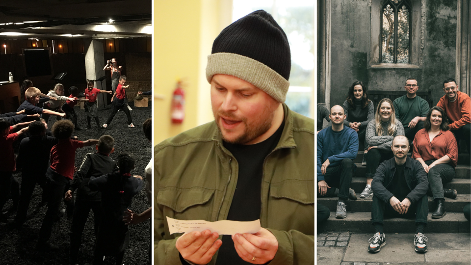 The image is split into three. On the left side is a photo of a group of children dancing in a room with a group of adults. They are all stood in a large circle, pointing one fist into the middle of the circle. In the middle is a photo of a person in a green jacket and a beanie hat reading out something on a piece of paper that they’re holding in front of them. On the right is a photo of the Sansara choir sitting on the steps of a church, smiling at the camera.