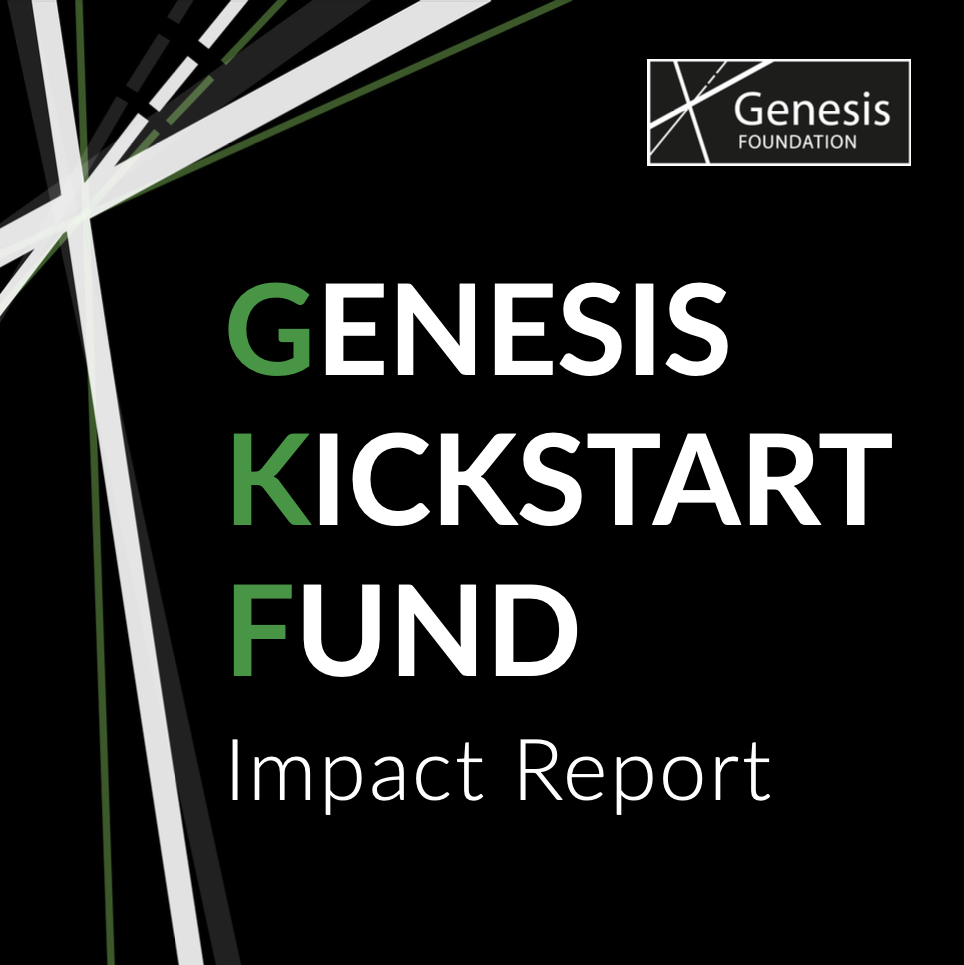 A black background. On the left are white and green diagonal lines crossing at the same point. On the right is the text 'Genesis Kickstart Fund Impact Report.