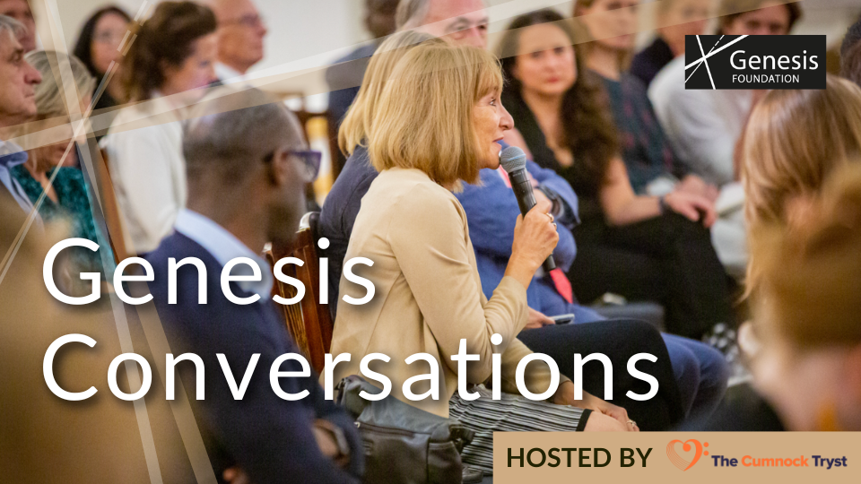 A woman with shoulder length blonde hair and a full fringe sat amongst a seated audience, speaking into a handheld mic. Across the bottom of the image is the text ‘Genesis Conversations. Hosted by The Cumnock Tryst’.